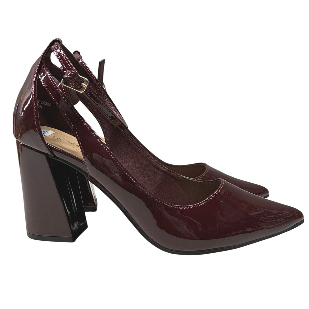 Chinese Laundry Block Heel Pumps Womens 8.5 Burgundy Pointed Ankle Strap Party